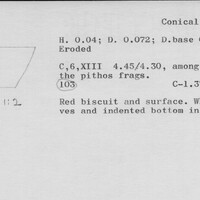 Index card with typed and handwritten information, sometimes including a sketch, of pottery from an excavation.