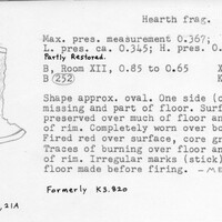 Index card with typed and handwritten information, sometimes including a sketch, of pottery from an excavation.