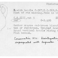 Index card with typed and handwritten information, sometimes including a sketch, of pottery from an excavation.