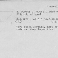 Index card with typed and handwritten information, sometimes including a sketch, of pottery from an excavation.