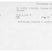 Index card with typed and handwritten information, sometimes including a sketch, of pottery from an excavation.