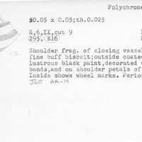 Index card with typed and handwritten information, sometimes including a sketch, of pottery from an excavation.