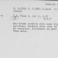 Index card with typed and handwritten information, sometimes including a sketch, of pottery from an excavation.