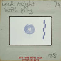 A microscopic image of a blue object with a scale and label, possibly from an electron microscope slide.