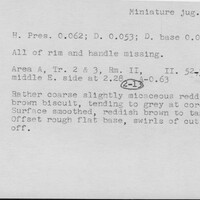 Index card with typed and handwritten information, sometimes including a sketch, of pottery from an excavation.