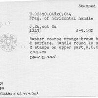 Index card with typed and handwritten information, sometimes including a sketch, of pottery from an excavation.