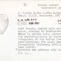 Index card with typed and handwritten information, sometimes including a sketch, of pottery from an excavation.