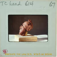 A clay head sculpture on a stand with a white background.