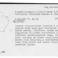 Index card with typed and handwritten information, sometimes including a sketch, of pottery from an excavation.