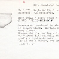 Index card with typed and handwritten information, sometimes including a sketch, of pottery from an excavation.