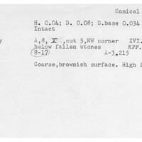 Index card with typed and handwritten information, sometimes including a sketch, of pottery from an excavation.