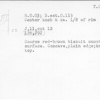 Index card with typed and handwritten information, sometimes including a sketch, of pottery from an excavation.