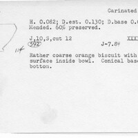 Index card with typed and handwritten information, sometimes including a sketch, of pottery from an excavation.