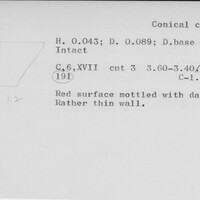 Index card with typed and handwritten information, sometimes including a sketch, of pottery from an excavation.