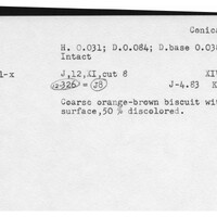 Index card with typed and handwritten information, sometimes including a sketch, of pottery from an excavation.