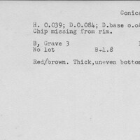 Index card with typed and handwritten information, sometimes including a sketch, of pottery from an excavation.