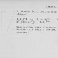 Index card with typed and handwritten information, sometimes including a sketch, of pottery from an excavation.