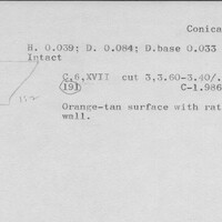 Index card with typed and handwritten information, sometimes including a sketch, of pottery from an excavation.