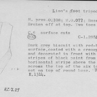 Index card with typed and handwritten information, sometimes including a sketch, of pottery from an excavation.