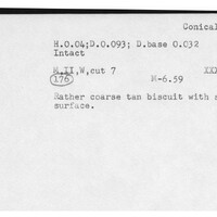 Index card with typed and handwritten information, sometimes including a sketch, of pottery from an excavation.
