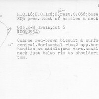 Index card with typed and handwritten information, sometimes including a sketch, of pottery from an excavation.