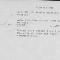 Index card with typed and handwritten information, sometimes including a sketch, of pottery from an excavation.