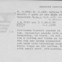 Index card with typed and handwritten information, sometimes including a sketch, of pottery from an excavation.