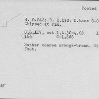 Index card with typed and handwritten information, sometimes including a sketch, of pottery from an excavation.