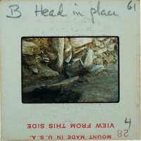 Detail of Terracotta head found against a stone wall.