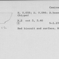 Index card with typed and handwritten information, sometimes including a sketch, of pottery from an excavation.