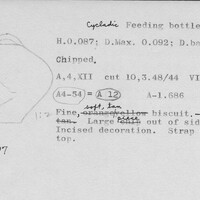 Index card with typed and handwritten information, sometimes including a sketch, of pottery from an excavation.