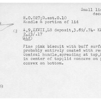Index card with typed and handwritten information, sometimes including a sketch, of pottery from an excavation.