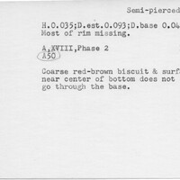 Index card with typed and handwritten information, sometimes including a sketch, of pottery from an excavation.