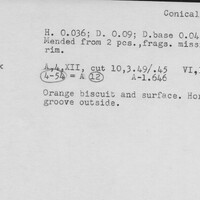 Index card with typed and handwritten information, sometimes including a sketch, of pottery from an excavation.