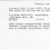 Index card with typed and handwritten information, sometimes including a sketch, of pottery from an excavation.