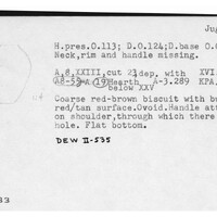 Index card with typed and handwritten information, sometimes including a sketch, of pottery from an excavation.