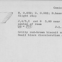 Index card with typed and handwritten information, sometimes including a sketch, of pottery from an excavation.