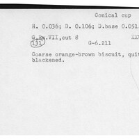 Index card with typed and handwritten information, sometimes including a sketch, of pottery from an excavation.