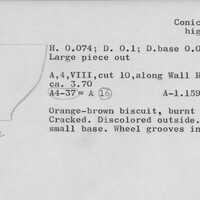 Index card with typed and handwritten information, sometimes including a sketch, of pottery from an excavation.