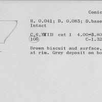 Index card with typed and handwritten information, sometimes including a sketch, of pottery from an excavation.