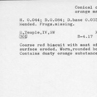 Index card with typed and handwritten information, sometimes including a sketch, of pottery from an excavation.