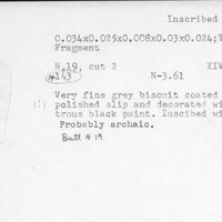 Index card with typed and handwritten information, sometimes including a sketch, of pottery from an excavation.