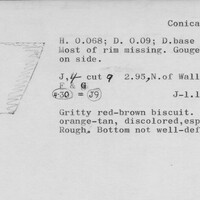 Index card with typed and handwritten information, sometimes including a sketch, of pottery from an excavation.