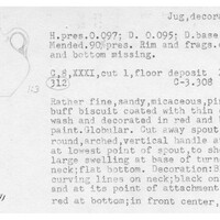 Index card with typed and handwritten information, sometimes including a sketch, of pottery from an excavation.