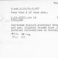 Index card with typed and handwritten information, sometimes including a sketch, of pottery from an excavation.