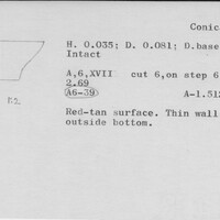 Index card with typed and handwritten information, sometimes including a sketch, of pottery from an excavation.