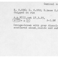 Index card with typed and handwritten information, sometimes including a sketch, of pottery from an excavation.