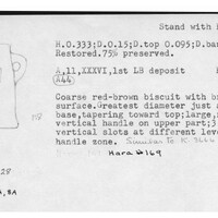 Index card with typed and handwritten information, sometimes including a sketch, of pottery from an excavation.