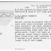 Index card with typed and handwritten information, sometimes including a sketch, of pottery from an excavation.