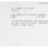 Index card with typed and handwritten information, sometimes including a sketch, of pottery from an excavation.